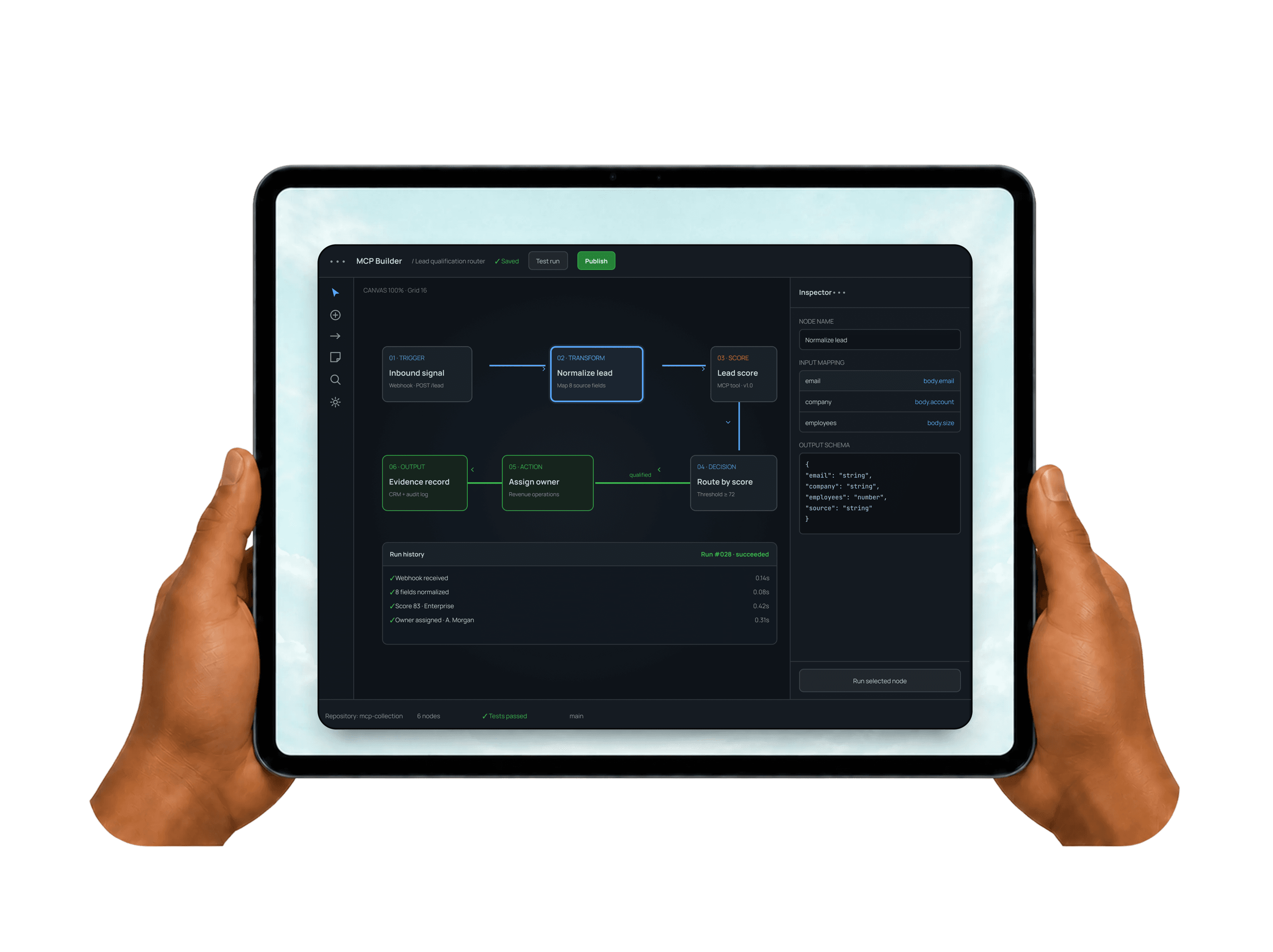 An MCP builder canvas, with a lead qualification router and its node inspector, shown on a tablet held in two hands.